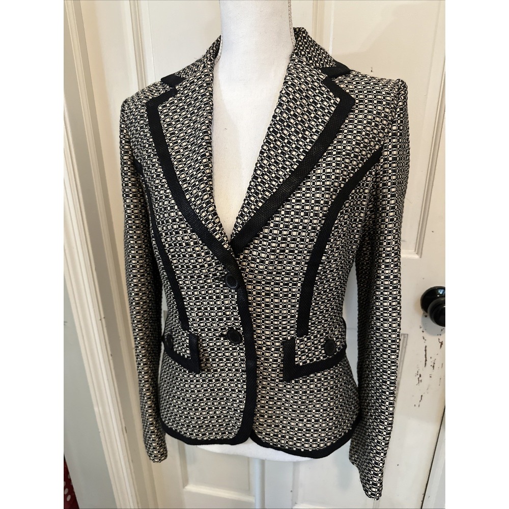 Les Copains black & white Tweed blazer Black Piping Metallic Italy Sz 44 Linen